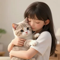 a girl hugging a kitten, hyperrealistic, octane render, cute