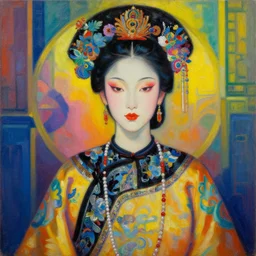 a beautiful painting cyberpunk the empress of the qing dynasty of china, by andy warhol henri matisse art deco lumion render realistic oil painting