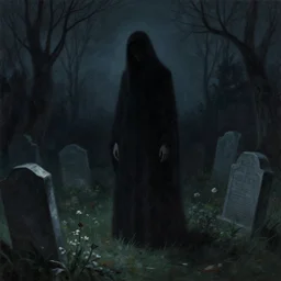 a hauntingly beautiful painting by greg rutkowski and thomas kinkade of a dark figure in a graveyard at night, trending on artstation.