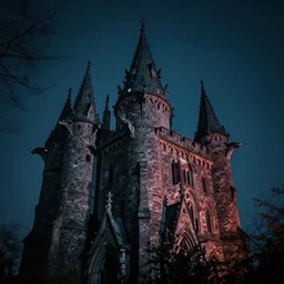 haunted castle with gargoyles at night