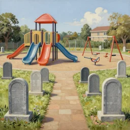 classic oil painting, a school playground that has tombstones, infinite schoolyard of slides, and swingsets, and seesaws, with graves, playground - cemetery hybrid, extremely detailed, intricate, cottagecore, readability, concept art, sharp focus, art by brothers hildebrandt