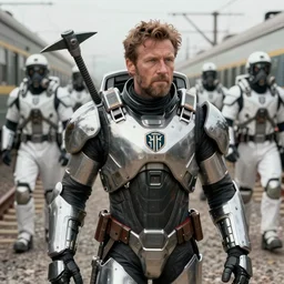 vfx movie closeup real life gordon freeman holding wearing futuristic armor, half life logo on chest, crowbar in russian train yard, futuristic white swat team in gas masks approaching by emmanuel lubezki