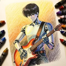a robot musician, illustration, graphic novel, graphite, marker art, crayon, paint, comic book, warm color palette, electric colors, tonal colors, 2 d, 8 k, natural lighting, amoled, moody lighting, diffraction grading, cel shading : : katsuhiro otomo