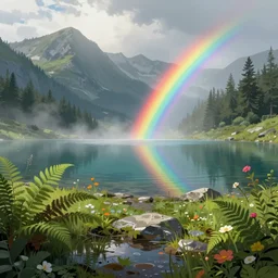 an alpine lake, ornate, beautiful, atmosphere, vibe, mist, rainbow, wet, puddles, fern, flowers, concept art illustration, color page, tone mapping, akihiko yoshida, james jean, andrei riabovitchev, marc simonetti, yoshitaka amano, digital illustration, greg rutowski, volumetric lighting, sunbeams, particles