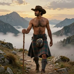 a dramatic epic beautiful ethereal painting of a shirtless rugged handsome desi man on a mountain path | he has a furry hairy chest, and is wearing highland dress plaid kilt and cowboy hat, and holding a walking stick | background is mountain peaks and clouds | dramatic lighting, golden hour, homoerotic, realistic, art nouveau | by mark maggiori | trending on artstation