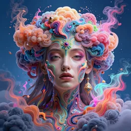 a gorgeous woman surrounded by colorful liquid clouds and neon smoke, extremely detailed, psychedelic experience, psilocybin, dmt, lsd, face, highly detailed, artstation, concept art, blue background, digital art by hana yata, and artem demura and beeple, alphonse mucha, octane render, unreal engine, 8 k