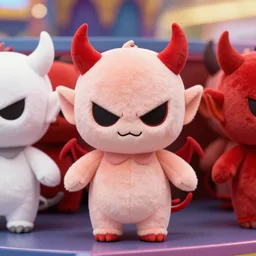 devilish - looking demon plushies being sold at an amusement park