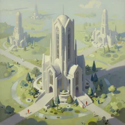 oil painting of lush solarpunk gothic building in a stunning landscape by chiho aoshima and david aja and beeple and kilian eng, highly detailed, cgsociety, artstation, minimalist, isometric