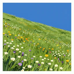 wildflowers on the hillside by disney concept artists, blunt borders, rule of thirds, golden ratio, godly light