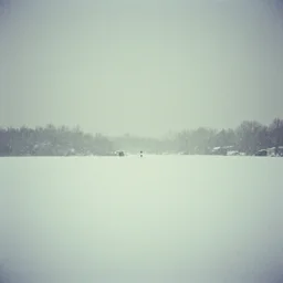 photo of ge dash 9 is in the distance. cold color temperature, snow storm. hazy atmosphere. humidity haze. kodak ektachrome, greenish expired film, award winning, low contrast,