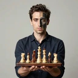 a man holding up a bunch of chess pieces, a character portrait by marcel duchamp, flickr contest winner, precisionism, surrealist, studio portrait, provia