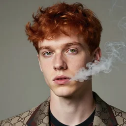 a red haired guy, gucci male model type of guy, having smoke coming out from his ear and weed leaves inside his pupils. Super highly detailed picture, 8k, professional portrait photographer