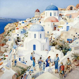 busy santorini, intricate environment, impressionistic watercolor painting by denis sarazhin, alvaro castagnet, kim jung gi, john singer sargent, simon stalenhag, thomas kinkade, craig mullins