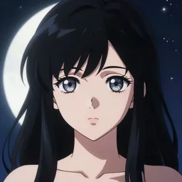 hopeful moon goddess, hazel eyes, jet black hair, beautiful, symmetrical, anime, concept art, depth of field