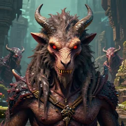full - face close - up portrait, the primal god of the wild who slowly turns his worshipers into twisted animalistic monsters by bruce brenneise and peter mohrbacher, alien ancient ruins in background, 3 d render, neosurrealism. digital concept art, pixel art, rendered in octane, trending on cgsociety, trending on artstation