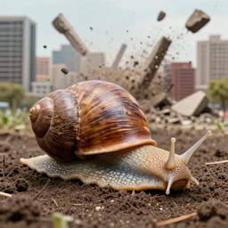A giant snail coming out of the ground, destroying the city