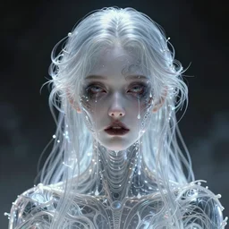 beautiful artificial transparent female entity fused with poltergeist, eternal machine, white liquid tears running down the face, the end of a soul journey, few elegant ornate wire pattern, portrait, intricate details, violent and vicious appearance, scifi, space horror, by vincent di fate, artgerm, julie bell, beeple and Greg Rutkowski, 90s, concept, Smooth gradients, octane render, 8k, High contrast, duo tone, depth of field, very coherent symmetrical artwork