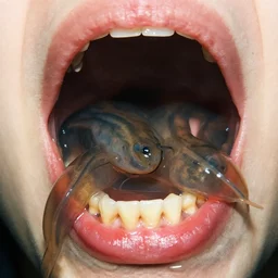 a close up perfect photograph of an open mouth full of tadpoles and saliva. 3 5 mm film, studio lighting, perfect focus and rotting teeth