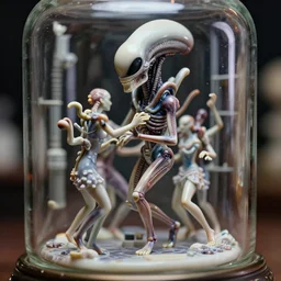 beautiful three point perspective film still of holly herndon xenomorph lab dance scene in aliens, extreme closeup 3 / 4 portrait in style of frontiers in blade runner miniature photography fashion architectural art studio edition, real - life porcelain statue in victorian glass jar, pursed lips, anatomically correct, tilt shift background, sharp focus, panavision, 8 k, macro, cinematic style