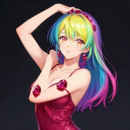 studio portrait absurdly beautiful, elegant, graceful, young hypercolorful sensual anime teen rubies red petals gems, ultrafine hyperrealistic detailed face illustration by kim jung gi, irakli nadar, intricate linework, sharp focus, bright colors, matte, octopath traveler, final fantasy, unreal engine highly rendered, global illumination, radiant light, intricate rainbow environment