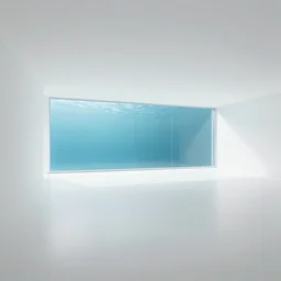large all white room with minimalist architecture and a large glass wall, the glass wall is underwater,