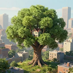 a tree with a wide trunk a house in the center of the tree, planted in the middle of a city with high details, digital art, artstation, cinematografi, greg rutkowski