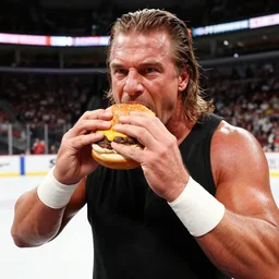 wrestling superstar Scott Steiner enjoying cheeseburgers in a hockey arena