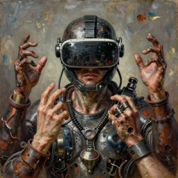 six - handed shiva, cybertronic gadgets and vr helmet, durty colours, rotten textures, rusty shapes, biotechnology, bao pnan, tim hildebrandt, wayne barlow, bruce pennington, donato giancola, larry elmore, oil on canvas, masterpiece, featured on pixiv, cinematic composition, hyper - detailed, hd, hdr, 4 k, 8 k