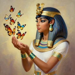 a beautiful young lady holding a bunch of butterflies, egyptian art by wlop, deviantart contest winner, fantasy art, egyptian art, detailed painting, artwork