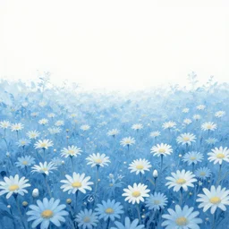 a field of light blue daisies with a white sky in the background, matte painting