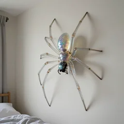 a hypnogogic hallucination of an enormous iridescent translucent spider running up a bedroom wall