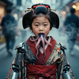 realistic portrait photography of a cyborg robot japanese geisha 3 5 years old by daikichi amano, short hair, worms and squid coming out of the mouth, cinematographic, street photography tokyo, cinematic light, grainy image, intense, a bit of smoke and fog around, filth and grim, 5 0 mm lens,