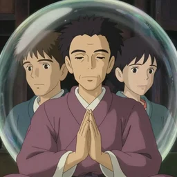 a film still portrait of an old man in a mauve robe meditating inside a bubble. finely detailed features, closeup at the faces, chronenberg, perfect art, grimdark, trending on pixiv fanbox, painted by studio ghibli