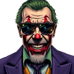 portrait of joe biden with sunglasses as the joker stars stripes doom eternal with detailed faces enchanted psychedelic wide angle shot white background vector art illustration gears of war illustration gta 5 artwork of joe biden, in the style of gta 5 loading screen, by stephen bliss by hieronymus bosch and frank frazetta