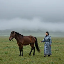 stormy, misty, a mongolian woman leads a horse on the grassland, by craig mullins