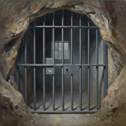 full length painting of prison cell inside a cave, highly detailed, high resolution, oil in canvas