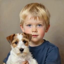 a cute round faced three year old boy with short straight blonde hair with a very cute wire haired jack russell terrier puppy, white with brown patches over both eyes. detailed, high quality painting by artgerm and greg rutkowski and alphonse mucha