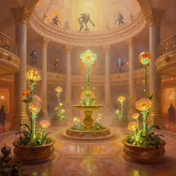 a minimalist bioluminescent oil painting by donato giancola, warm coloured, cinematic scifi luxurious futuristic foggy steam filled victorian garden circular shopping mall courtyard with microscopy stained glass flowers growing out of pretty bulbous ceramic fountains, gigantic pillars and flowers, maschinen krieger, beeple, star trek, star wars, ilm, atmospheric perspective