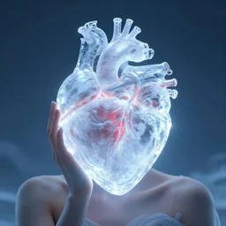 beautiful girl with translucent skin heart made of ice glowing from beneath the skin, Oregon's glowing, professional photography, science fiction, biblical