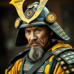 portrait old samurai hero with armor, leica, by photographer walker evans, vibrant yellow colors,