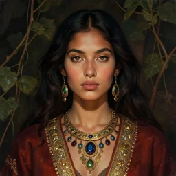 detailed portrait in femininity, cosmopolitan shaman, realistic face chiseled features, specular eyes, ethnic, statuesque model, natural skin, lush hair, regal jacket, warm glow, subsurface scattering, jewel, asymmetrical, chiaroscuro, organic impressionism, vine backdrop, deep rich color, digital illustration