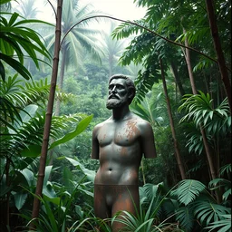 1 9 7 0 s vintage scanned color photo of a henry moore, michelangelo rusty bronze figure sculpture in the middle of a jungle, image by werner herzog, tarkovsky