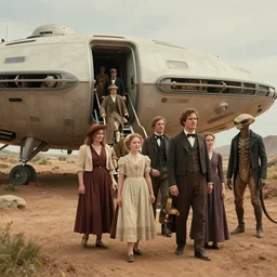 sharp, 70mm still from a sci fi blockbuster color movie made in 2022, set in 1860, of a family leaving a spaceship that has just landed on an alien landscape, a humanoid alien creature stands nearby, the family are wearing 1850s era clothes, 4k, in focus, extremely good quality lighting, good quality photography, A list cast, famous actors, famous actresses, oscar winner