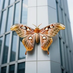 kodak photo of a colossal atlas moth on the side of a skyscraper, depth of field