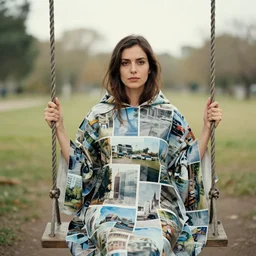 a closeup portrait of a woman wearing a cloak made of photographs, staring at an empty swing, by vincent desiderio, canon eos c 3 0 0, ƒ 1. 8, 3 5 mm, 8 k, medium - format print