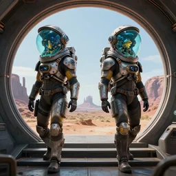 symmetric digital portrait biopunk marines space pirate, fish tank head astronauts walk on the stairs of the circular space, monument valley, epic apex legends concept, sharp focus, realistic scifi masterpiece, cinematic natural light, highly intricate details, 8 k, hdr, octane render