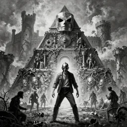 pyramidhead punishment, lean man, metal helmet, distant landscape covered in vines, castle, black and white, large machines, cube helmet, carravaggio, giger, beksinski, bruegel, horror