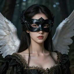 a masterpiece ultrarealistic ultradetailed portrait of incredibly beautiful asian angel princess with black leather mask. baroque renaissance girl in the night forest. medium shot, intricate, elegant, highly detailed. trending on artstation, digital art, by ismail inceoglu dragan bibin hans thoma greg rutkowski alexandros pyromallis rene maritte illustrated, perfect face, fine details, realistic shaded, fine - face, pretty face