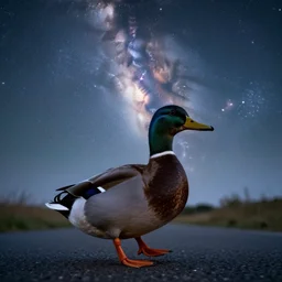 a duck, walking on the road, looking up at the sky, milky way, starry sky, art station trend, close - up view