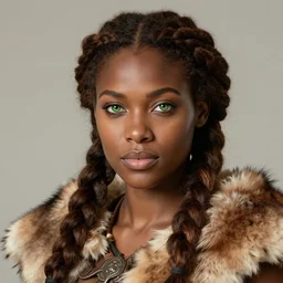portrait of beautiful barbarian lady, dark brown skin, braided brown hair, green eyes, pelt coats, high fantasy, dnd, smooth, sharp focus, illustration, by rossdraws, alphonse mucha, frank fanzzeta, collectible card art